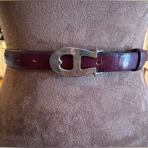 Etienne Aigner Maroon Leather Belt with Metallic Buckle equestrian